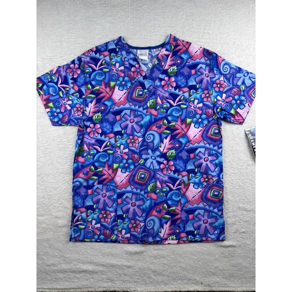 White Swan Tops - Fundamentally Cotton Women's V Neck Scrub Top Size Small Bright Floral Design